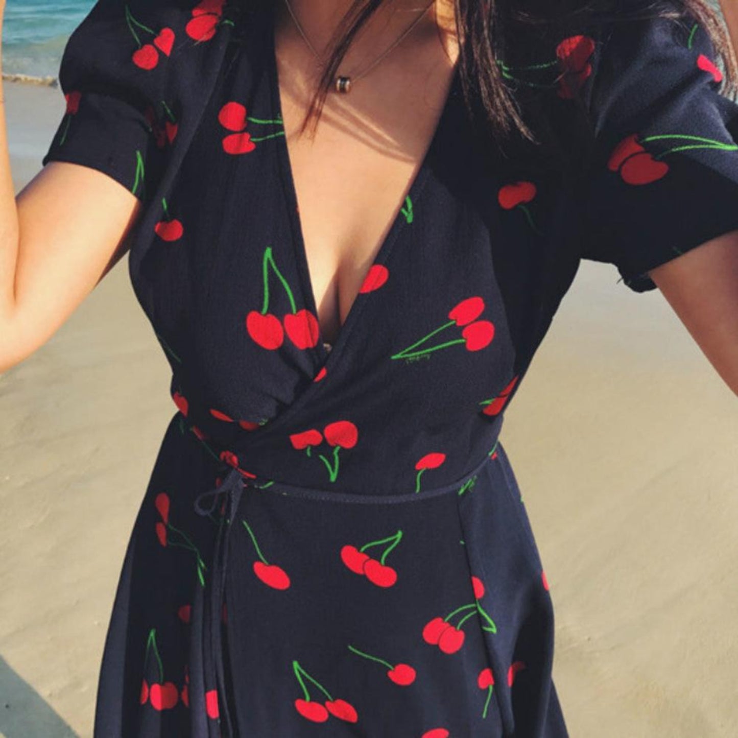 Red Floral V Neck Wrap Bow Tie Split Dress | Easy Pickins