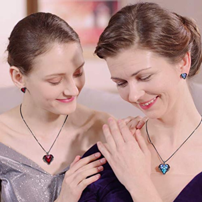 Angel Wing Heart Necklace & Earrings Jewelry Set Embellished Crystals - Easy Pickins Store