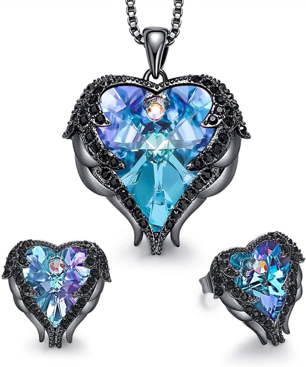 Angel Wing Heart Necklace & Earrings Jewelry Set Embellished Crystals - Easy Pickins Store