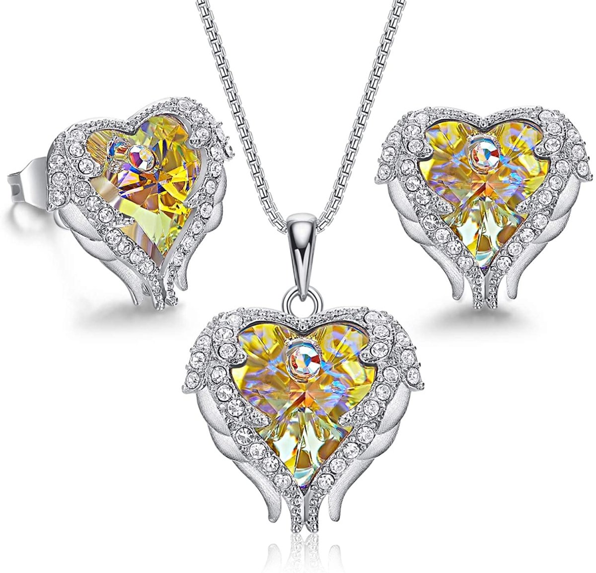 Angel Wing Love Heart Necklaces Earrings Silver/Gold Jewelry Set - Easy Pickins Store