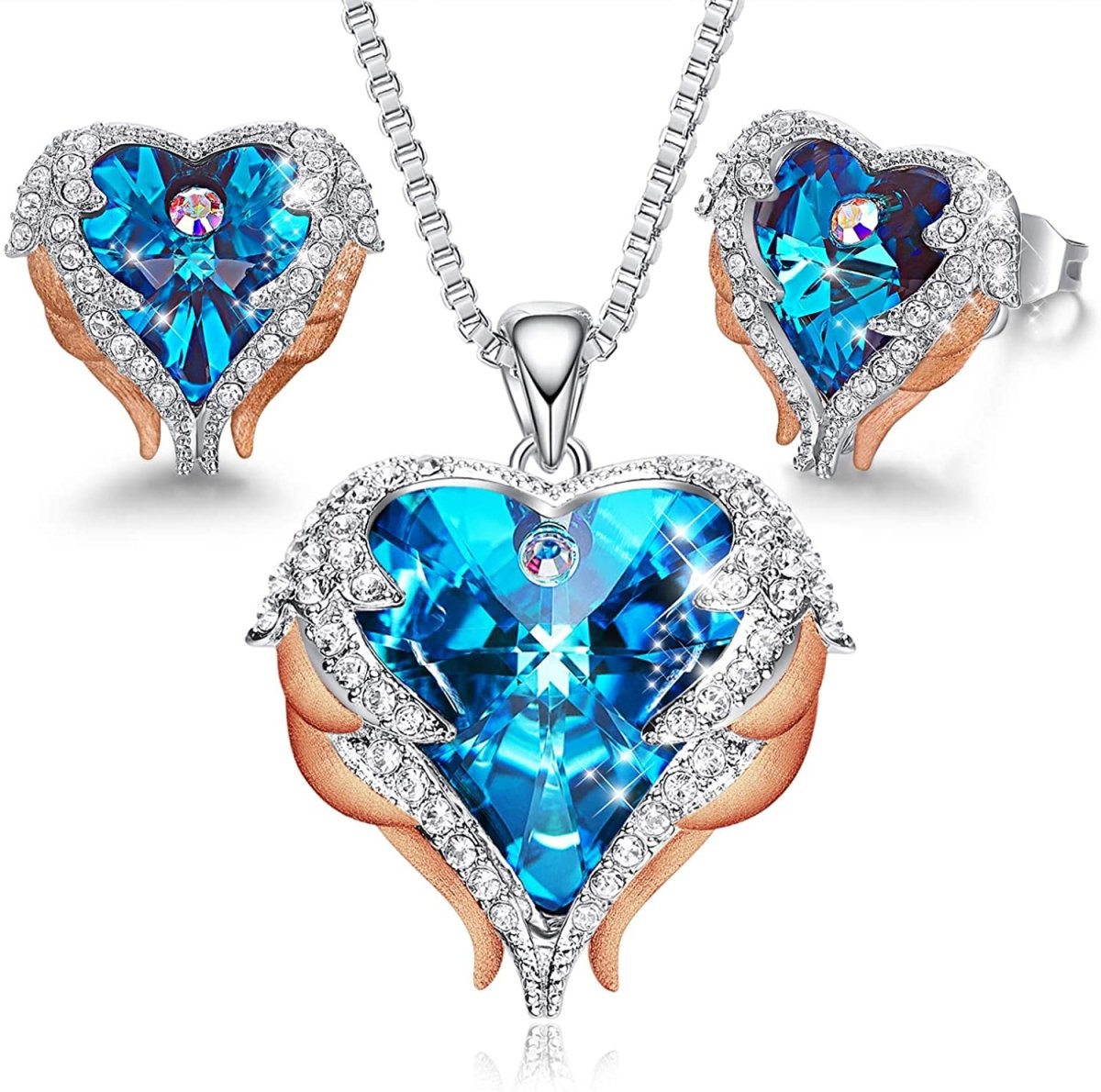 Angel Wing Love Heart Necklaces Earrings Silver/Gold Jewelry Set - Easy Pickins Store