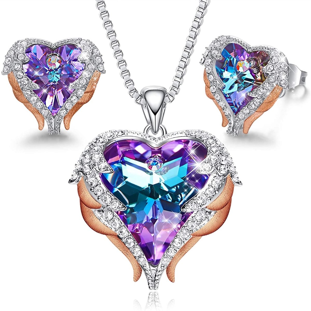 Angel Wing Love Heart Necklaces Earrings Silver/Gold Jewelry Set - Easy Pickins Store