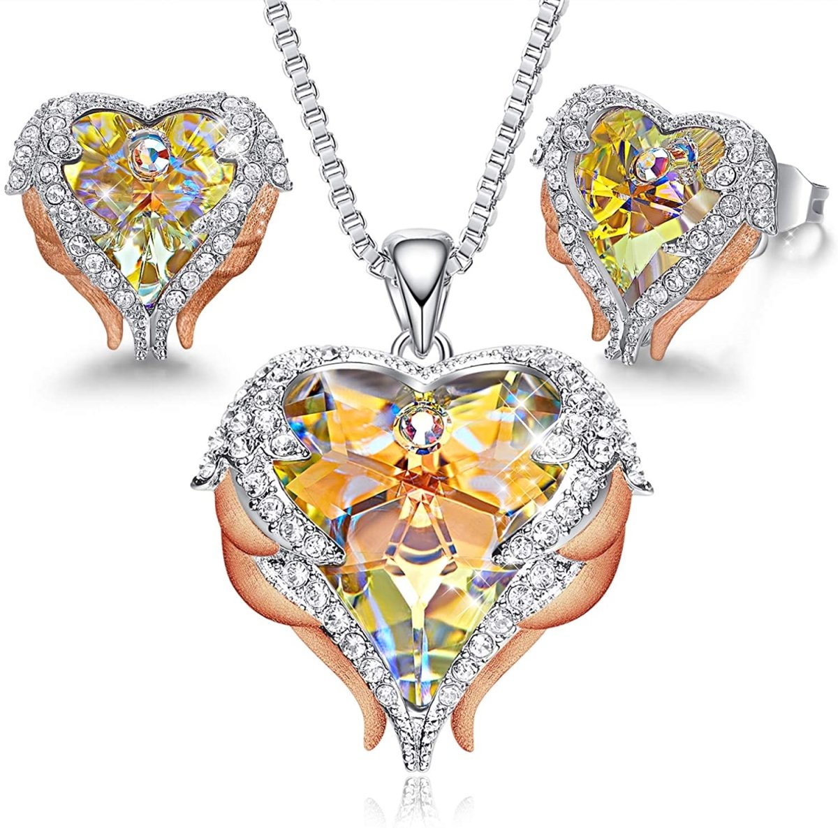 Angel Wing Love Heart Necklaces Earrings Silver/Gold Jewelry Set - Easy Pickins Store