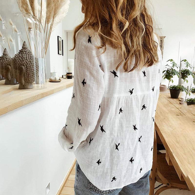 Birds Print Long Sleeve Loose Blouse - Easy Pickins Store