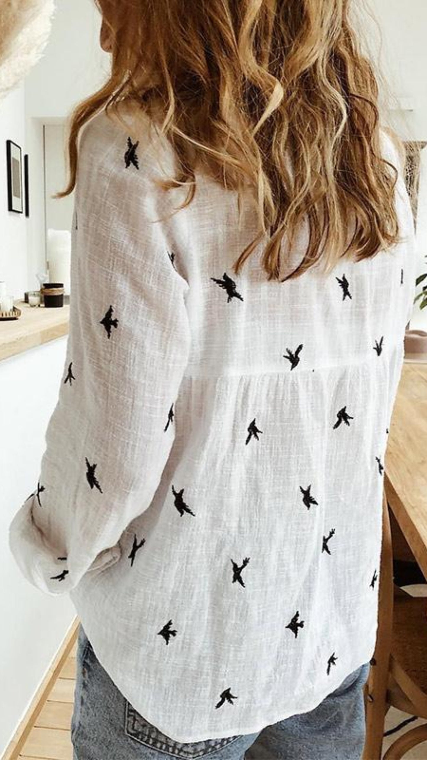 Birds Print Long Sleeve Loose Blouse - Easy Pickins Store
