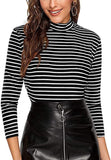 Black and White Slim Fit Mock Neck High Neck Striped Rib Knit T-Shirt - Easy Pickins Store