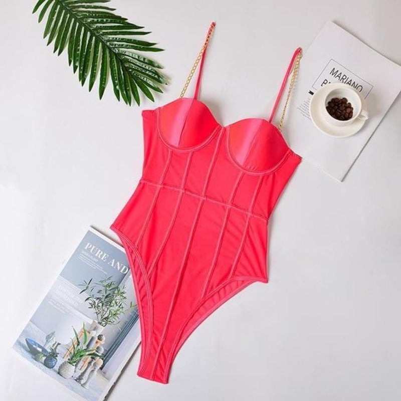 Black Mesh Bodysuit Metal Chain Straps Backless - Easy Pickins Store