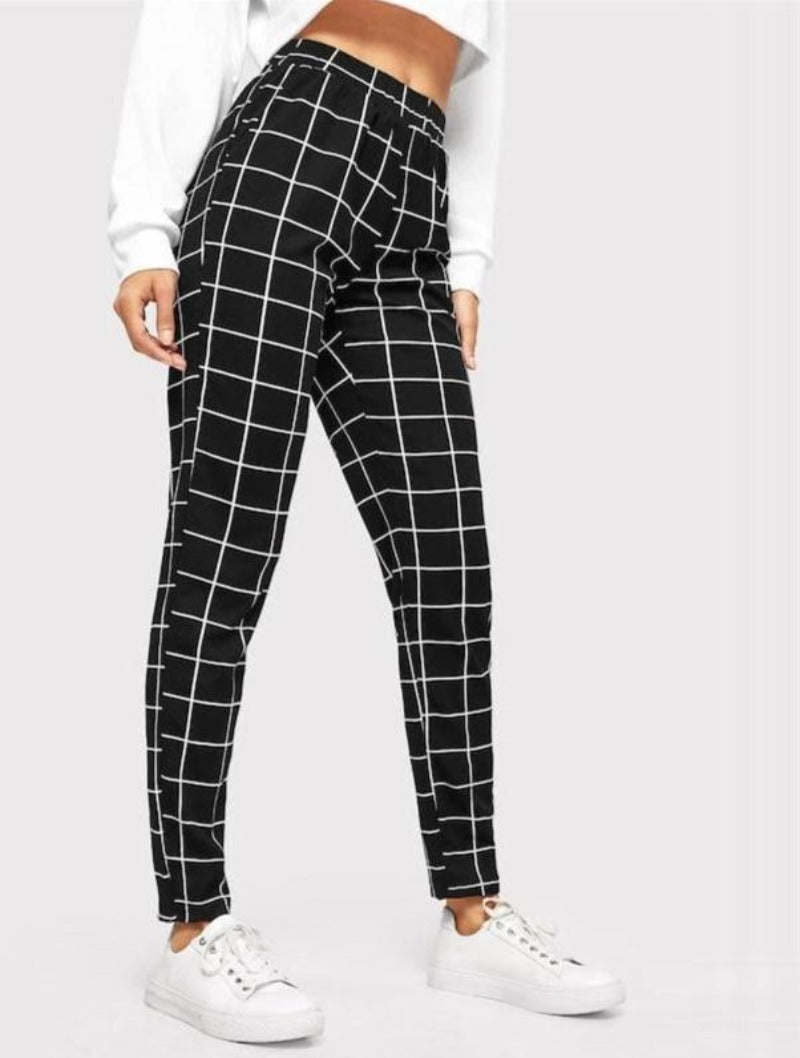Black Plaid Mid Waist Skinny Carrot Casual Slim Fit Vertical Pencil Street wear Pants - Easy Pickins Store