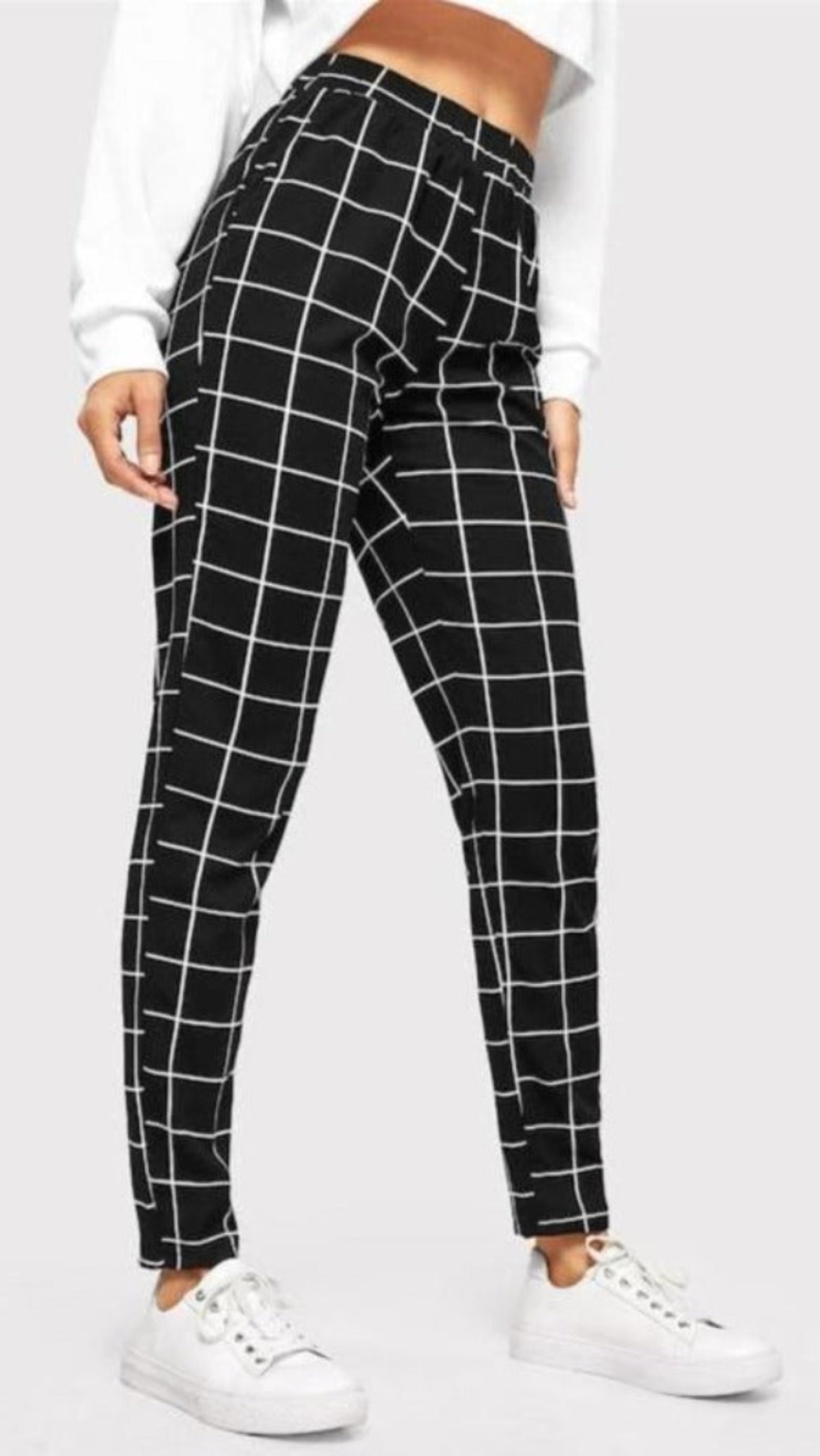 Black Plaid Mid Waist Skinny Carrot Casual Slim Fit Vertical Pencil Street wear Pants - Easy Pickins Store