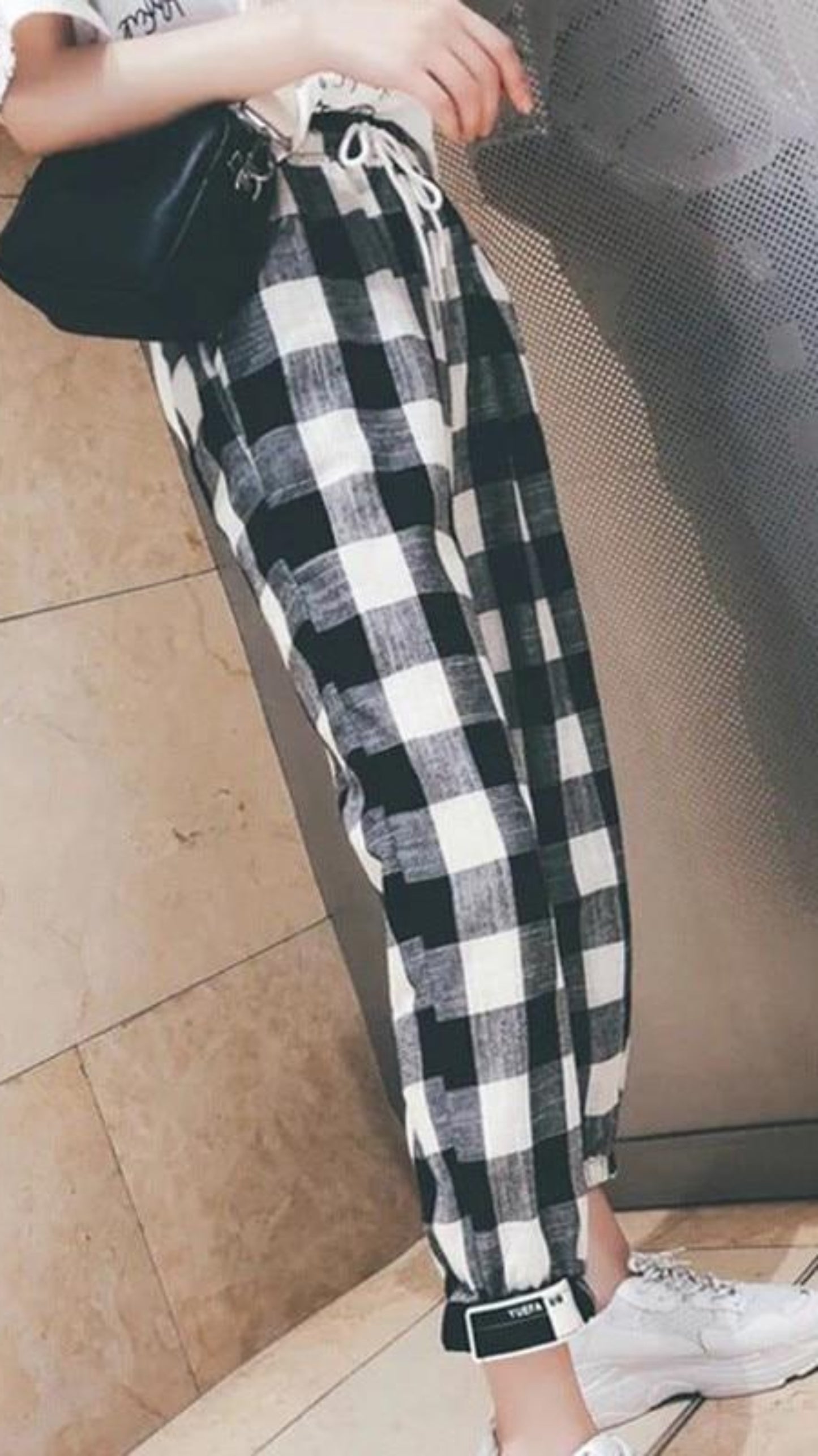 Black White Plaid Harem Pants Loose Drawstring - Easy Pickins Store