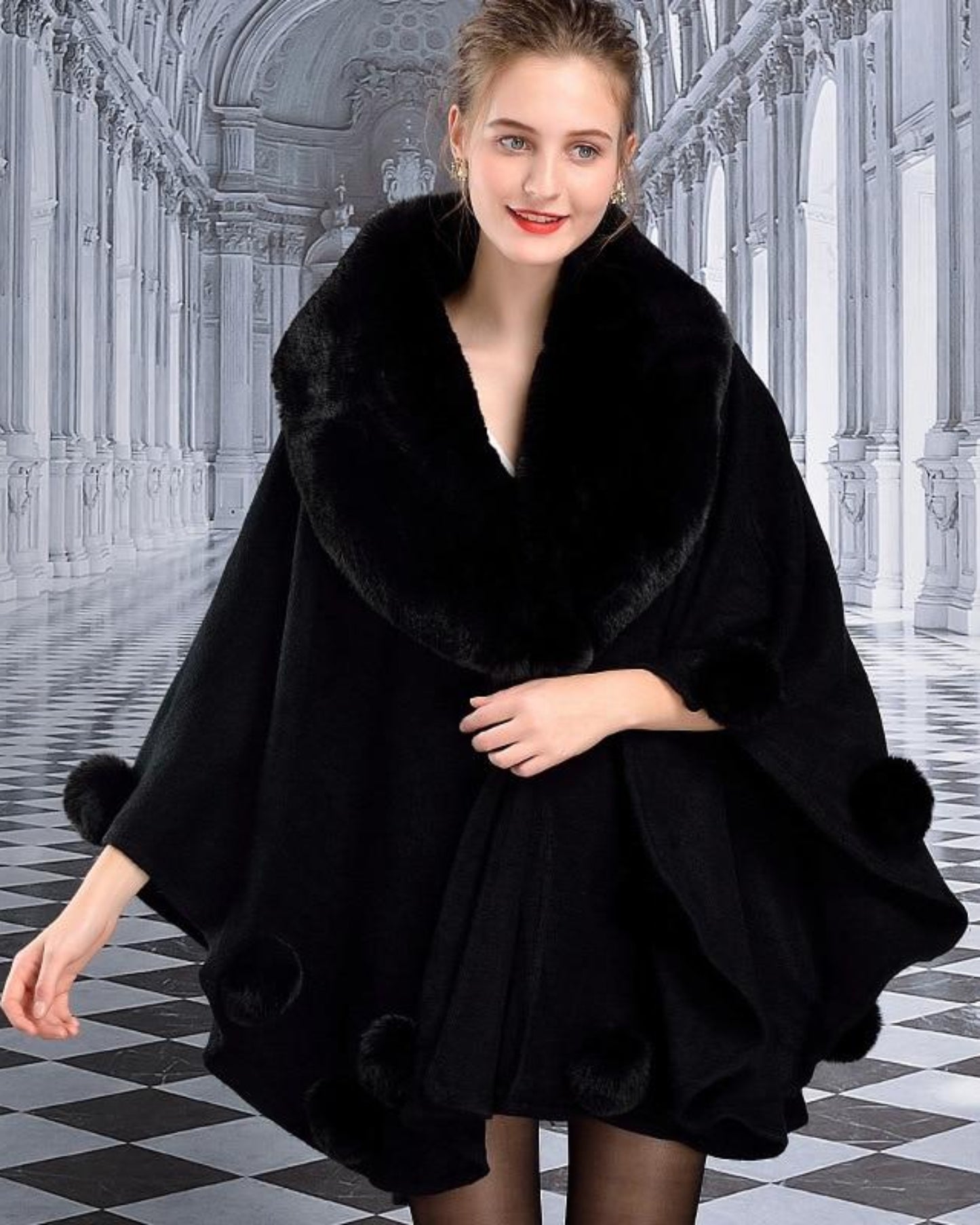 Cape Faux Fur Turn down Collar Poncho Thick Cardigan Cloak Coat - Easy Pickins Store
