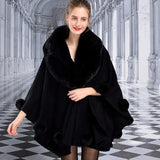 Cape Faux Rabbit Fur Big Fur Turn down Collar Poncho With Ball Loose Thick Cardigan Cloak Coat - Easy Pickins Store