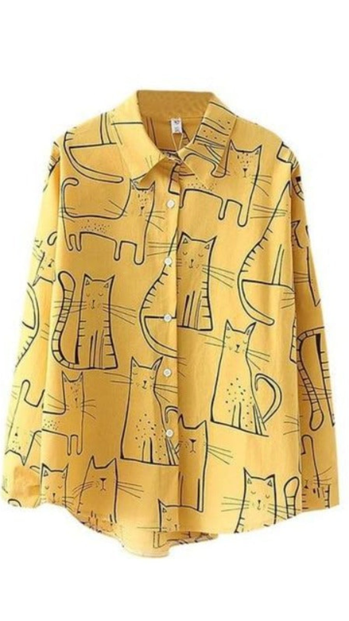 Cute Cat Print Loose Blouse Turn Down Collar Long Sleeve - Easy Pickins Store