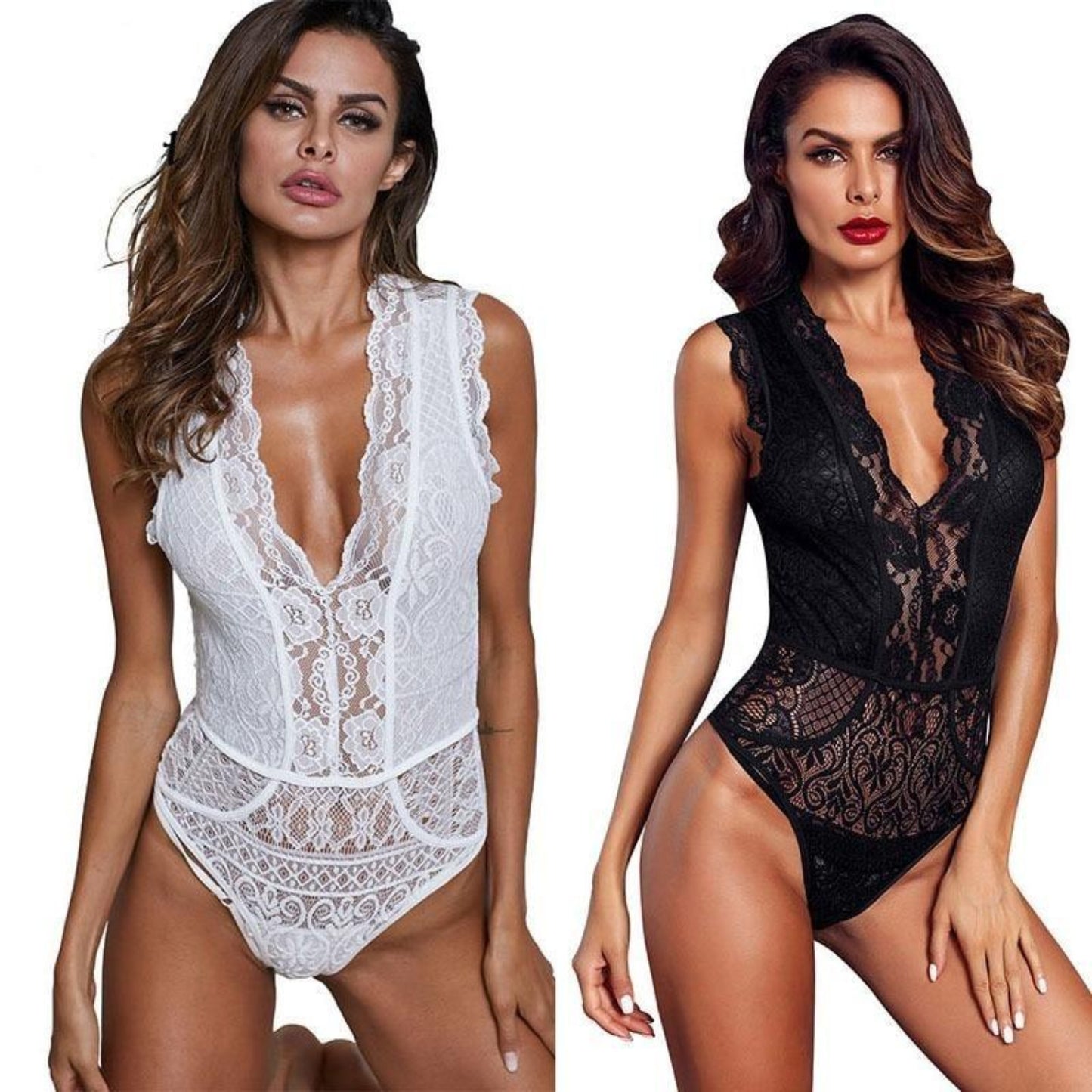 Deep V Neck Hollow out Floral Lace Sleeveless Sheer Bodysuit - Easy Pickins Store