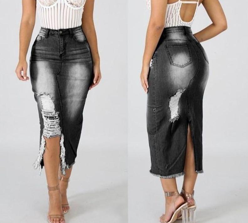 Denim Maxi Skirt High Waist Ripped Hole - Easy Pickins Store