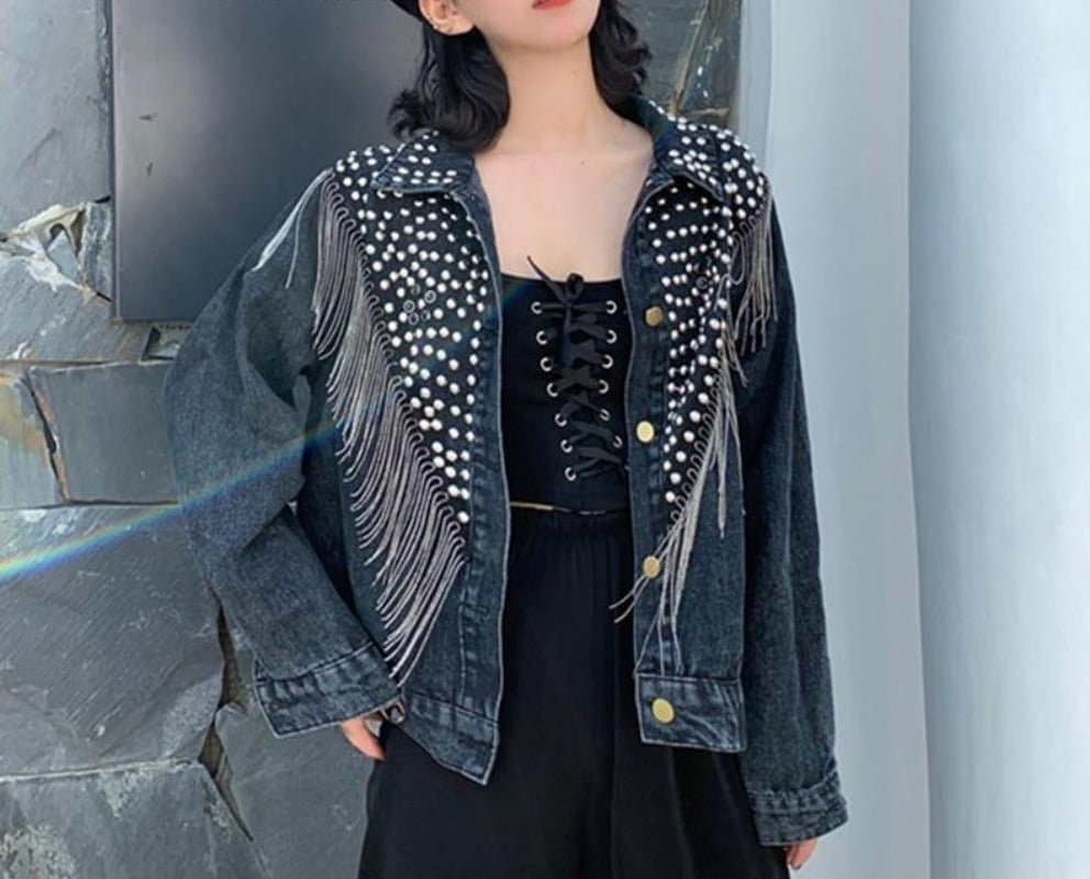 Denim Rivet Tassel Chain Short Jeans Loose Jacket - Easy Pickins Store