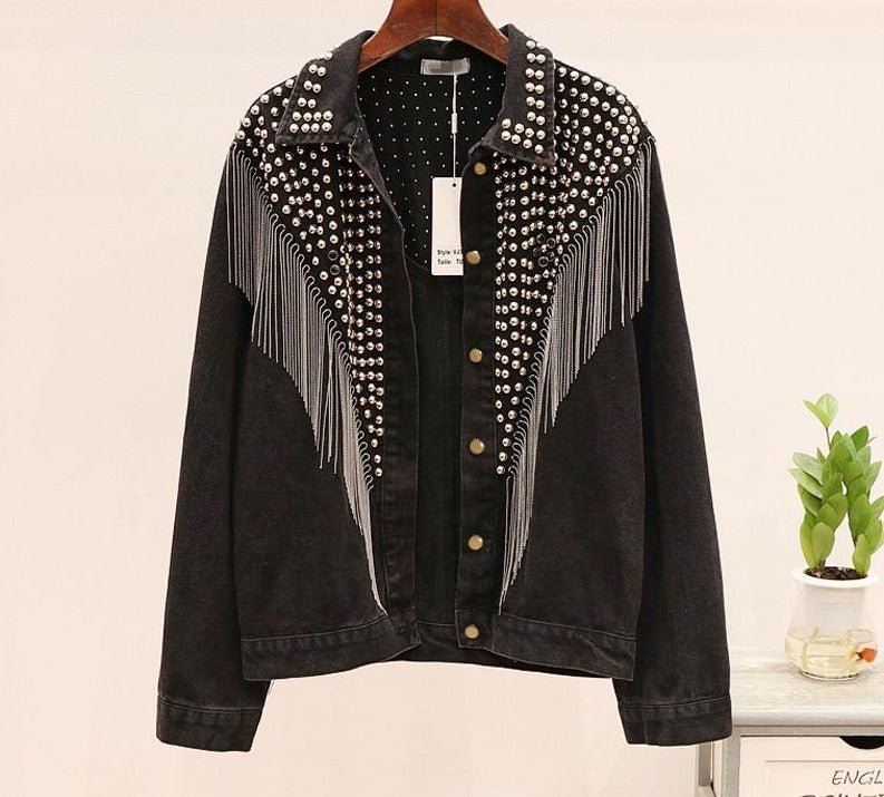 Denim Rivet Tassel Chain Short Jeans Loose Jacket - Easy Pickins Store