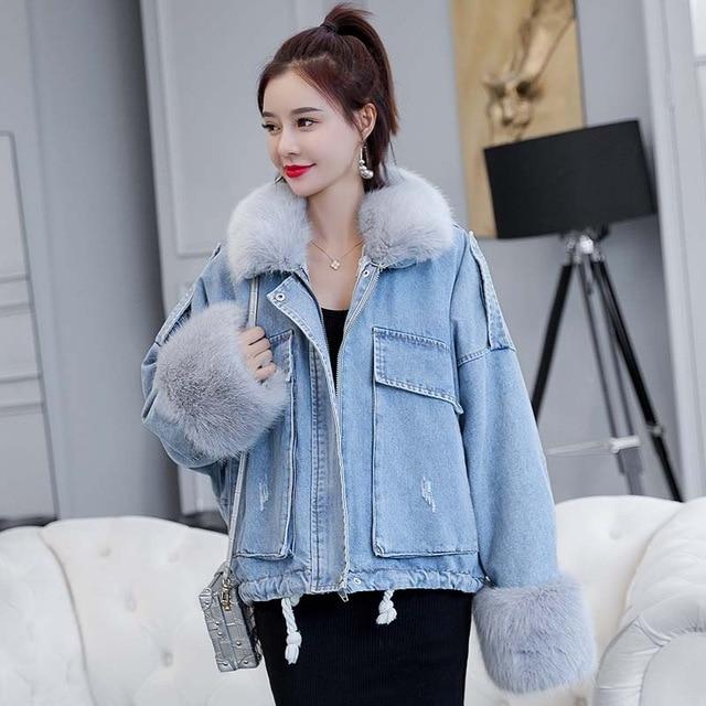 Denim Soft Jeans Fur Collar Loose Thick Warm Coat - Easy Pickins Store