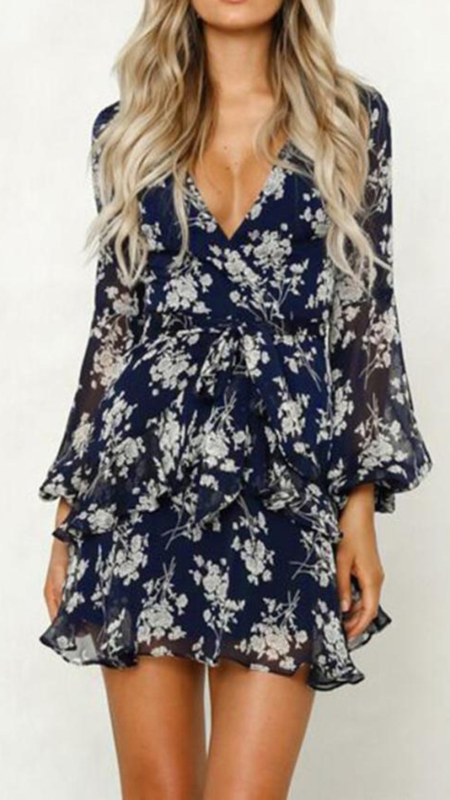 Dress Floral Leaf Printed Lantern Sleeve Empire - Easy Pickins Store