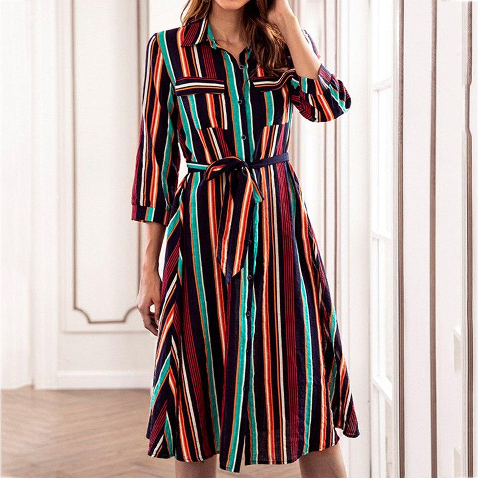 Dress Long Sleeve Striped Multicolor Loose Button With Belt - Easy Pickins Store