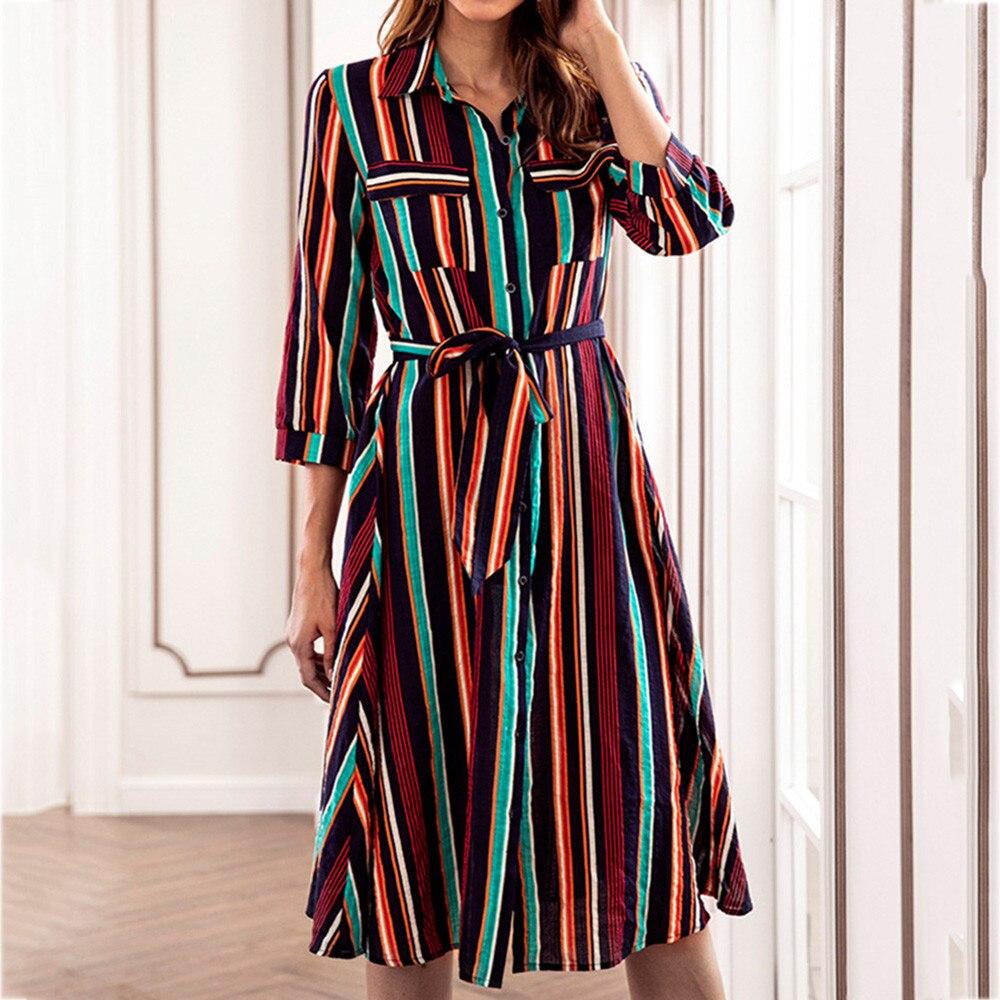 Dress Long Sleeve Striped Multicolor Loose Button With Belt - Easy Pickins Store