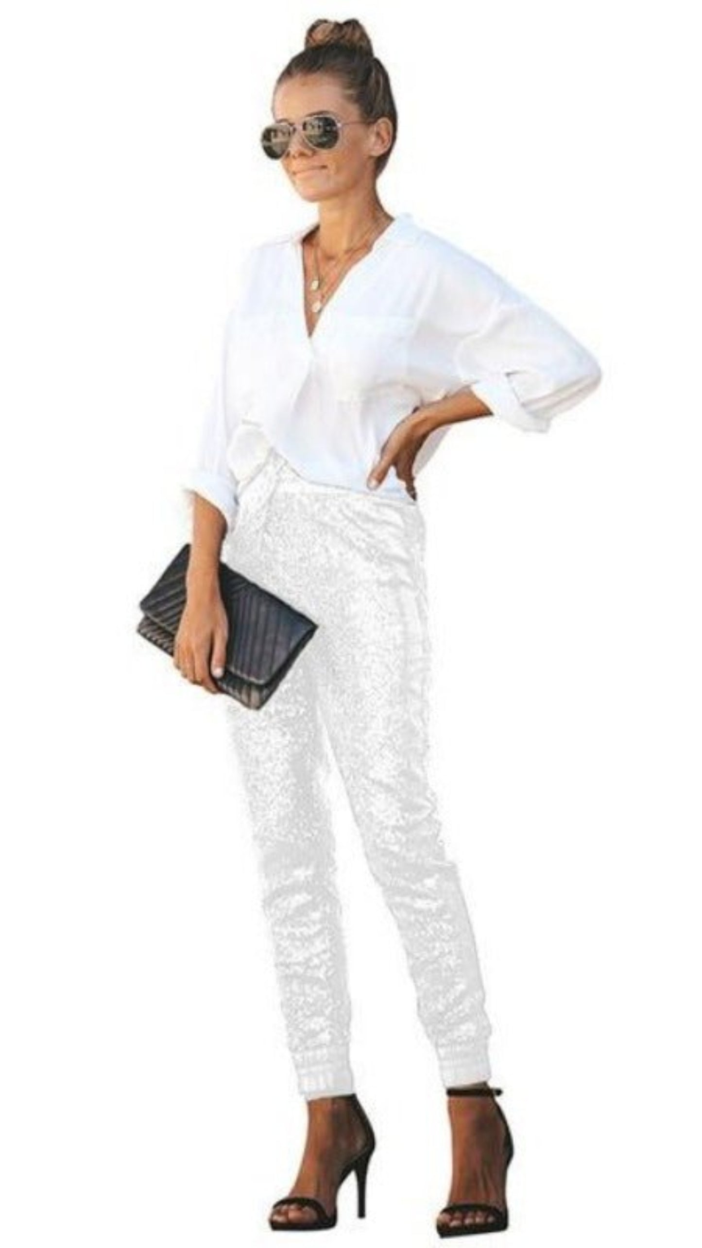 Elastic High Waist Leather Sequin Long Pencil Pants - Easy Pickins Store