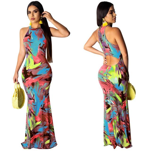 Elegant Boho Floral Print Halter Long Dress Backless Hollow Out - Easy Pickins Store