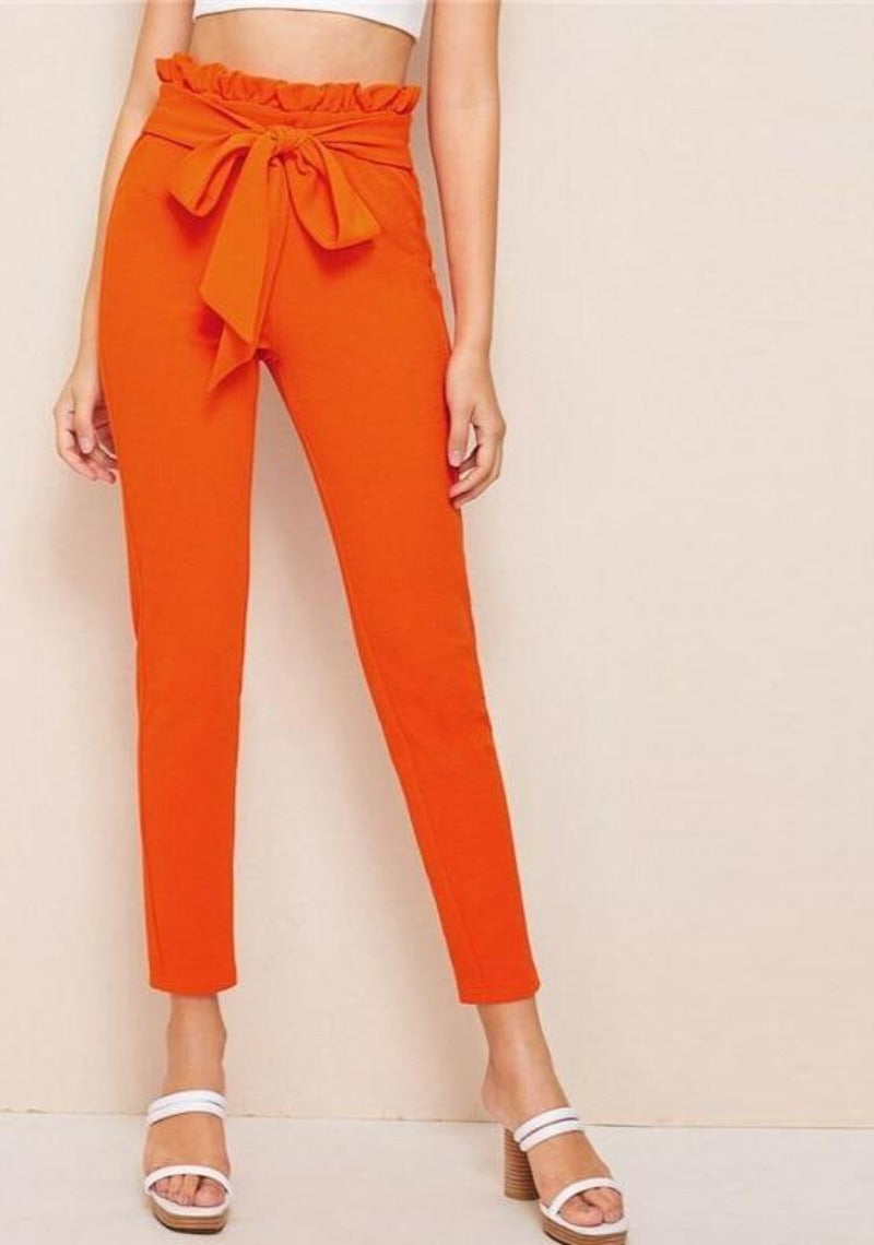 Elegant Paper-bag Waist Belted Detail Solid High Waist Skinny Frill Trim Elastic Waist Pants - Easy Pickins Store