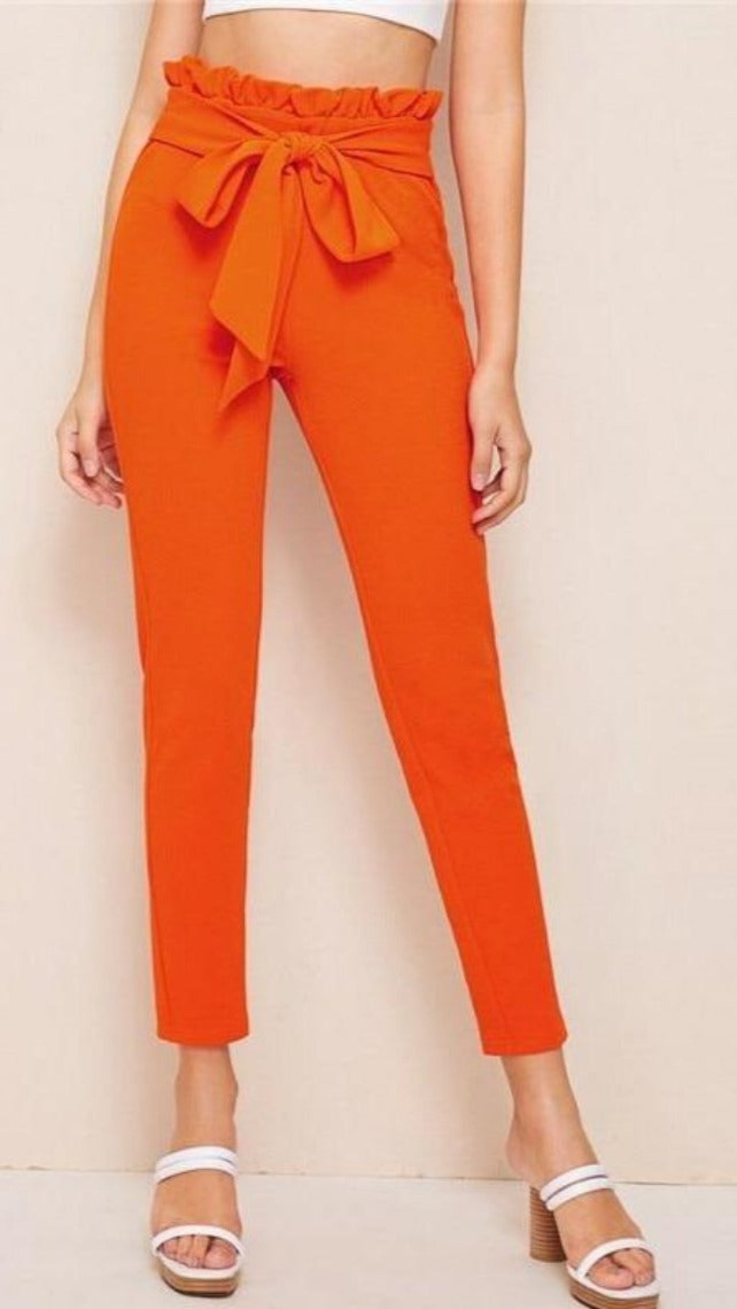 Elegant Paper-bag Waist Belted Detail Solid High Waist Skinny Frill Trim Elastic Waist Pants - Easy Pickins Store