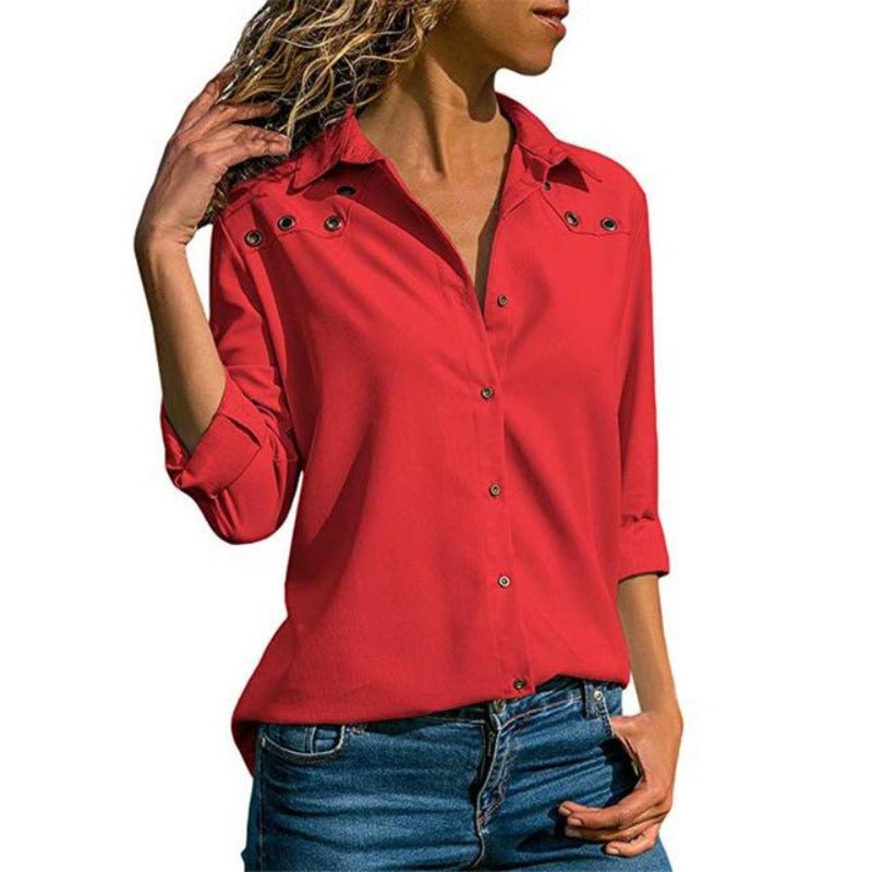 Elegant Pure Long Sleeve Turn Down Collar Chiffon Blouse - Easy Pickins Store