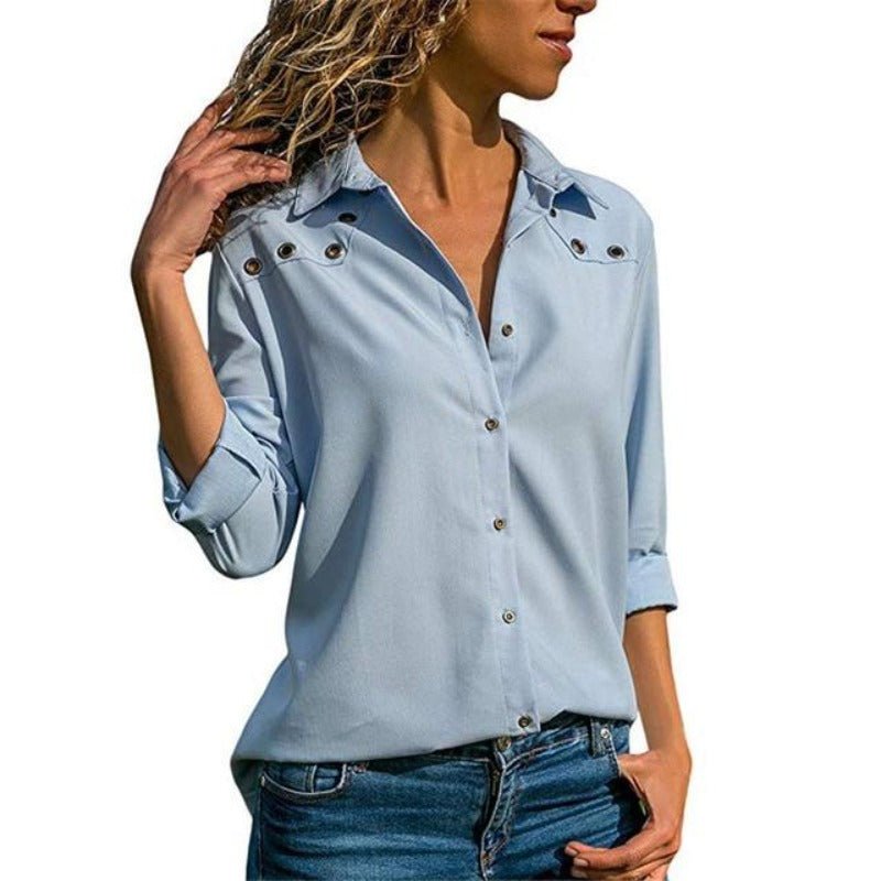 Elegant Pure Long Sleeve Turn Down Collar Chiffon Blouse - Easy Pickins Store