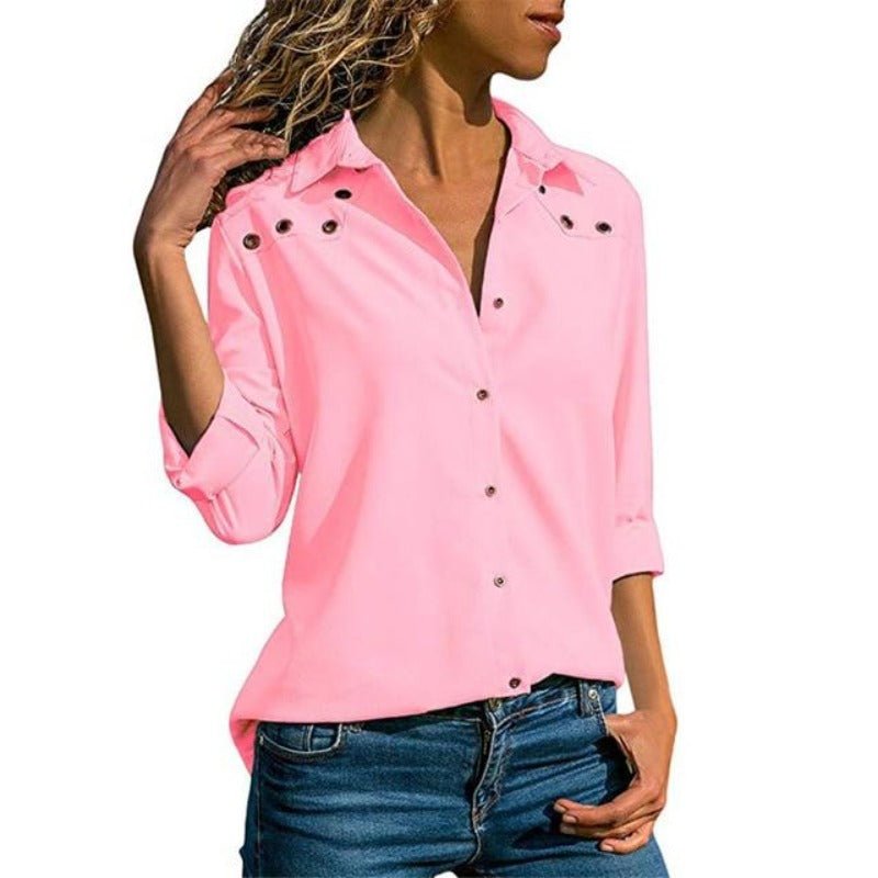 Elegant Pure Long Sleeve Turn Down Collar Chiffon Blouse - Easy Pickins Store