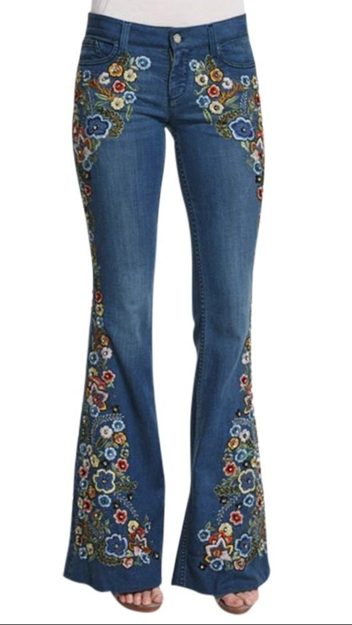 Embroidery Flower Flare Button Waist Bell Bottom Denim Jeans - Easy Pickins Store