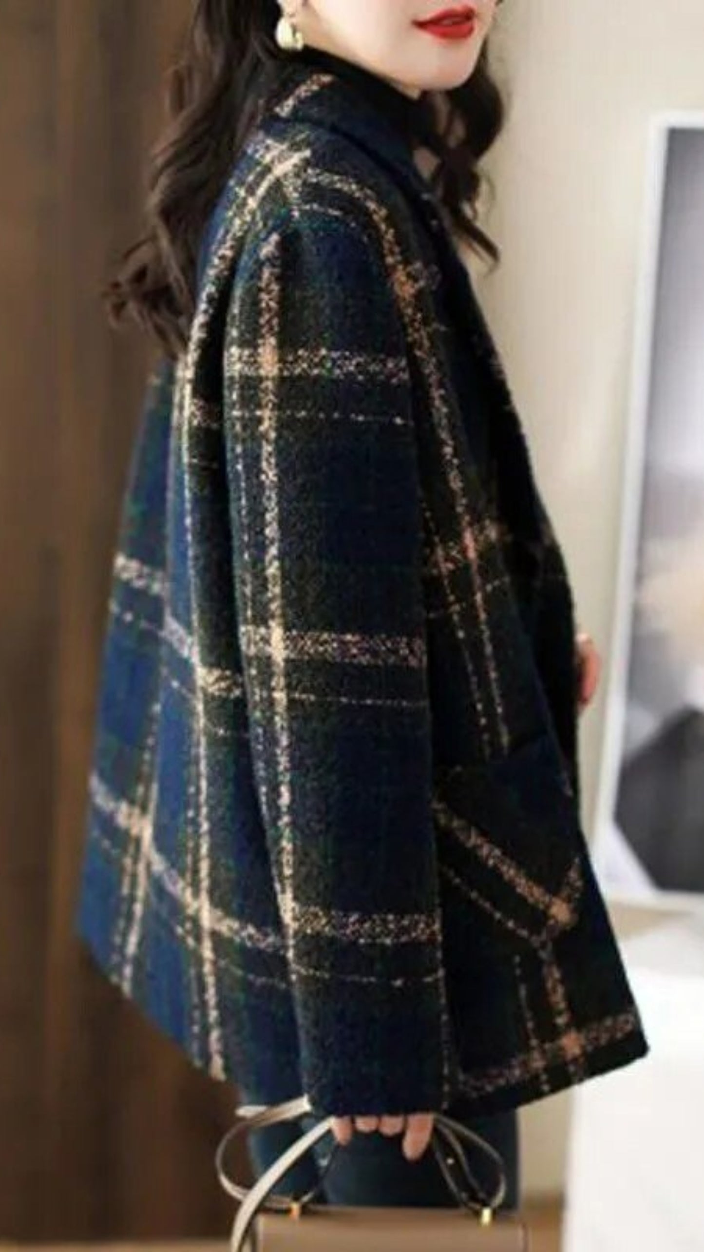 Fashion Plaid Slim Double Breasted Woolen Coat - Easy Pickins Store