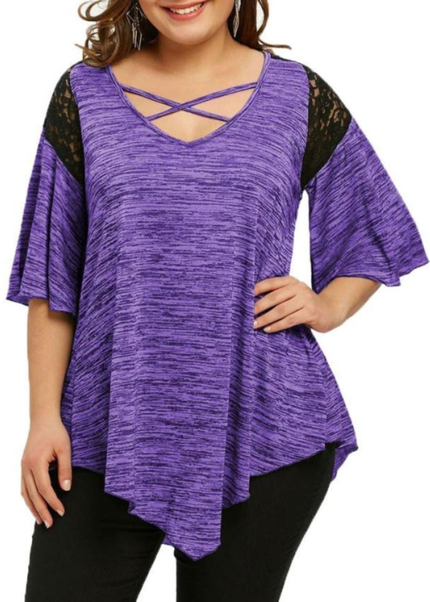 Flare Sleeve Top Asymmetrical Lace Tunic - Easy Pickins Store