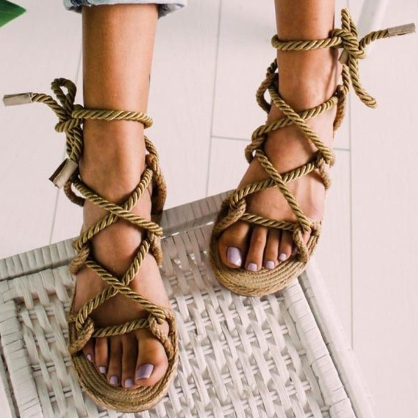 Flat Sole Gladiator Hemp Rope Lace Up Non Slip Sandals - Easy Pickins Store