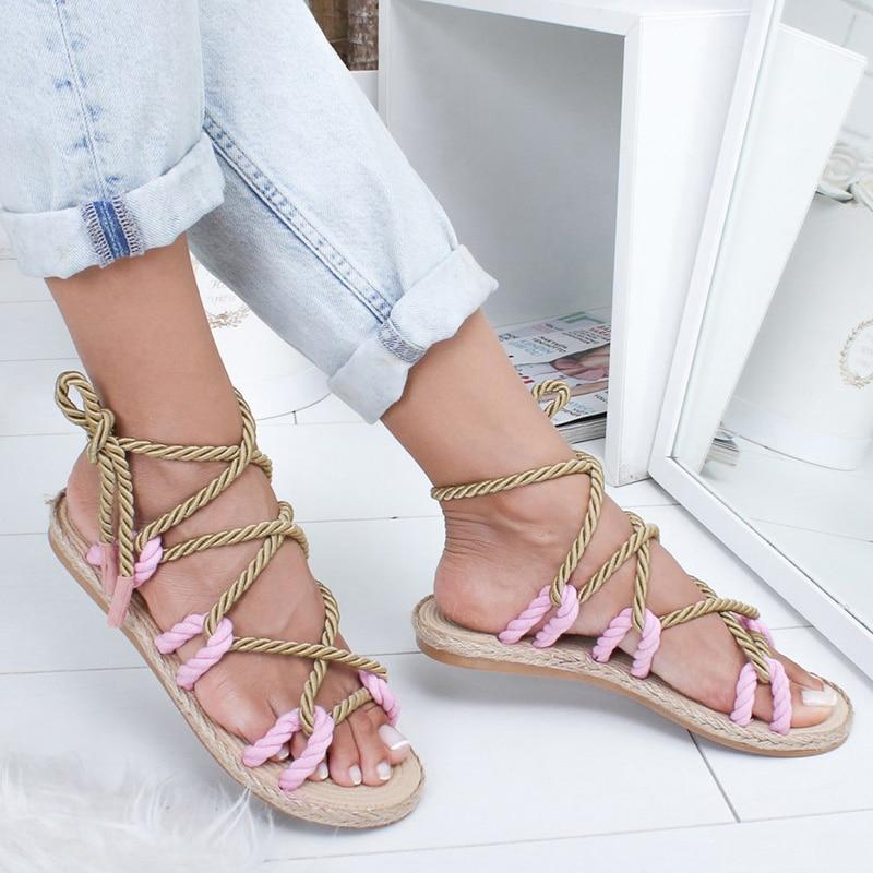 Flat Sole Gladiator Hemp Rope Lace Up Non Slip Sandals - Easy Pickins Store