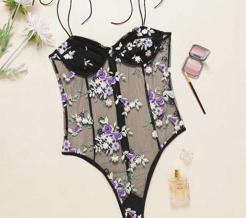 Floral Embroidery Lace Bodysuits Bow Mesh Romper - Easy Pickins Store
