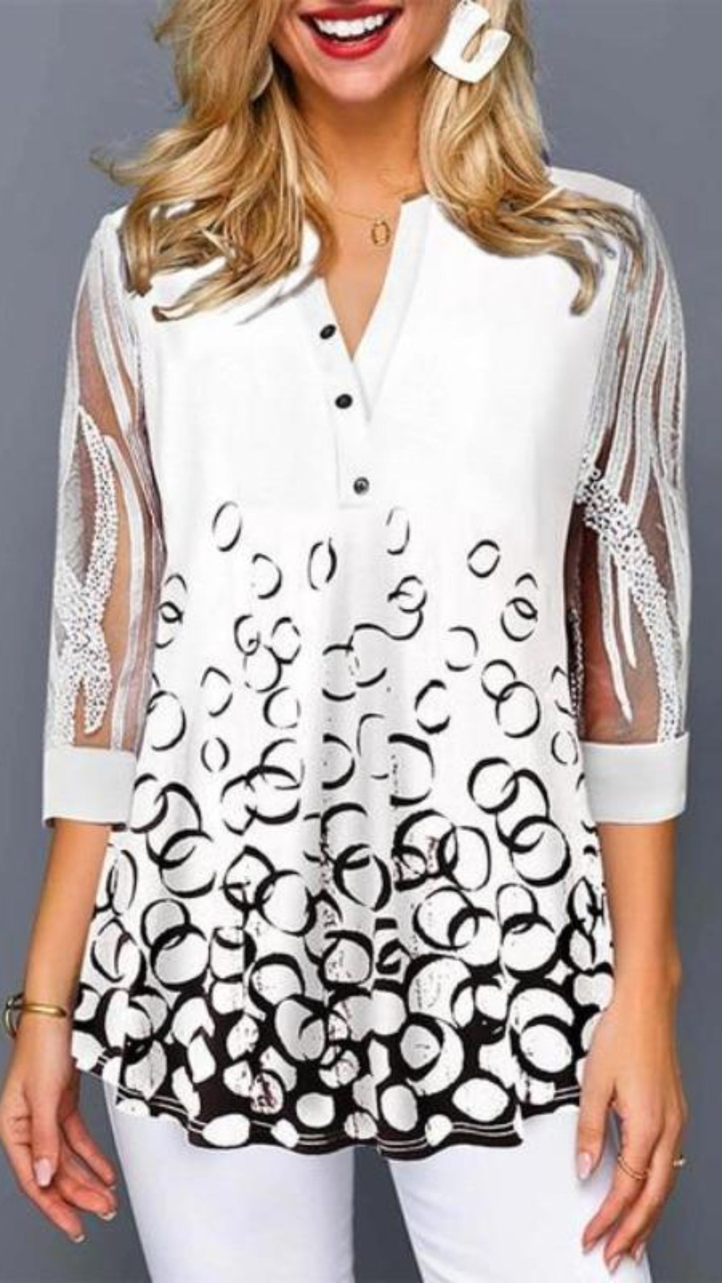 Floral Print Button Detail Blouse O Neck Hollow Out Sleeve - Easy Pickins Store