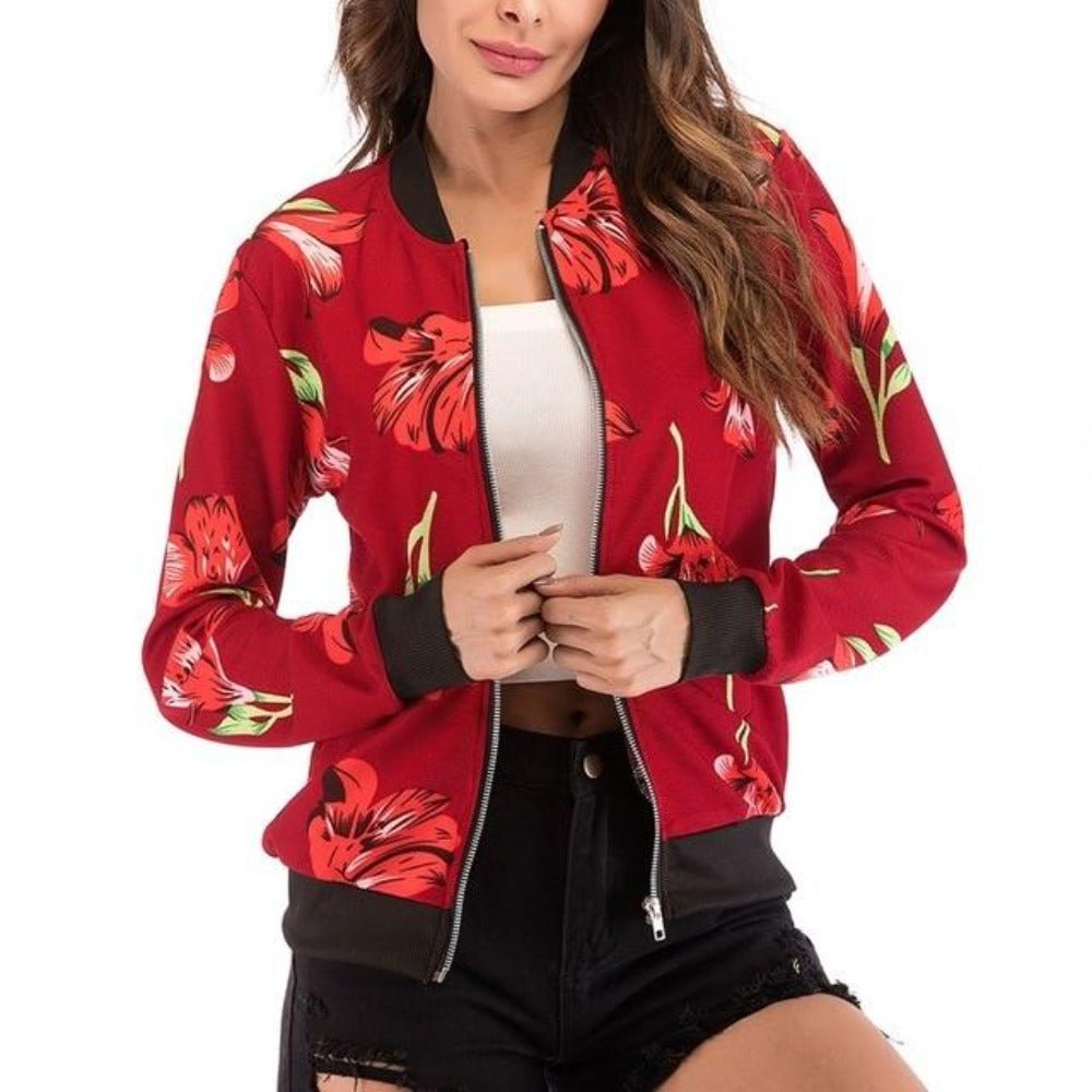 Floral Print Zipper Up Bomber Jacket - Easy Pickins Store