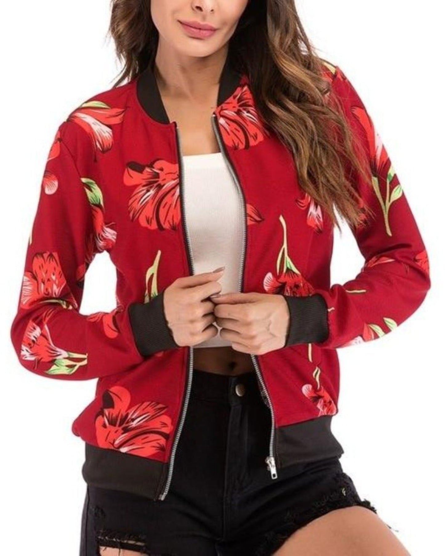 Floral Print Zipper Up Bomber Jacket - Easy Pickins Store