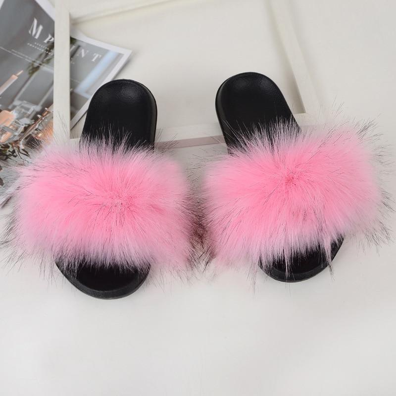 Women Neon Pink Fuzzy Slide Sandals, PVC Glamorous Sandals