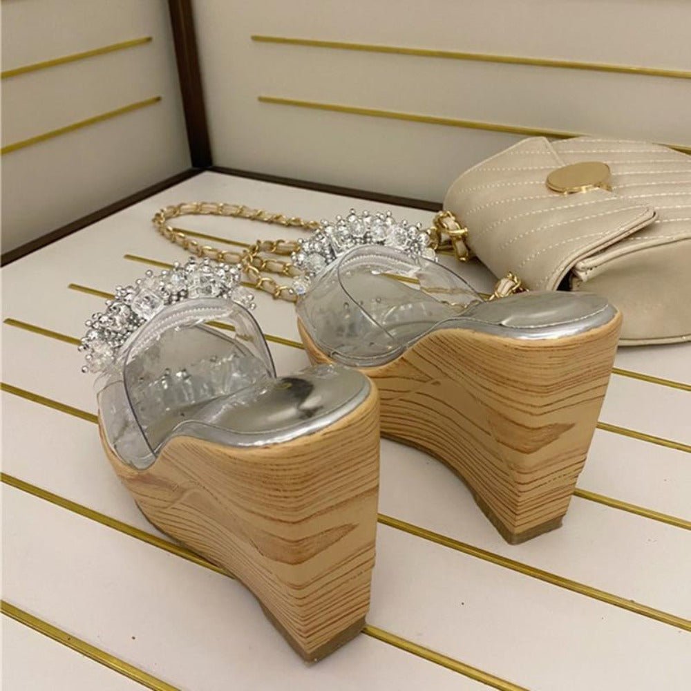Glitter Crystal Platform Peep Toe High Heels Wedges - Easy Pickins Store