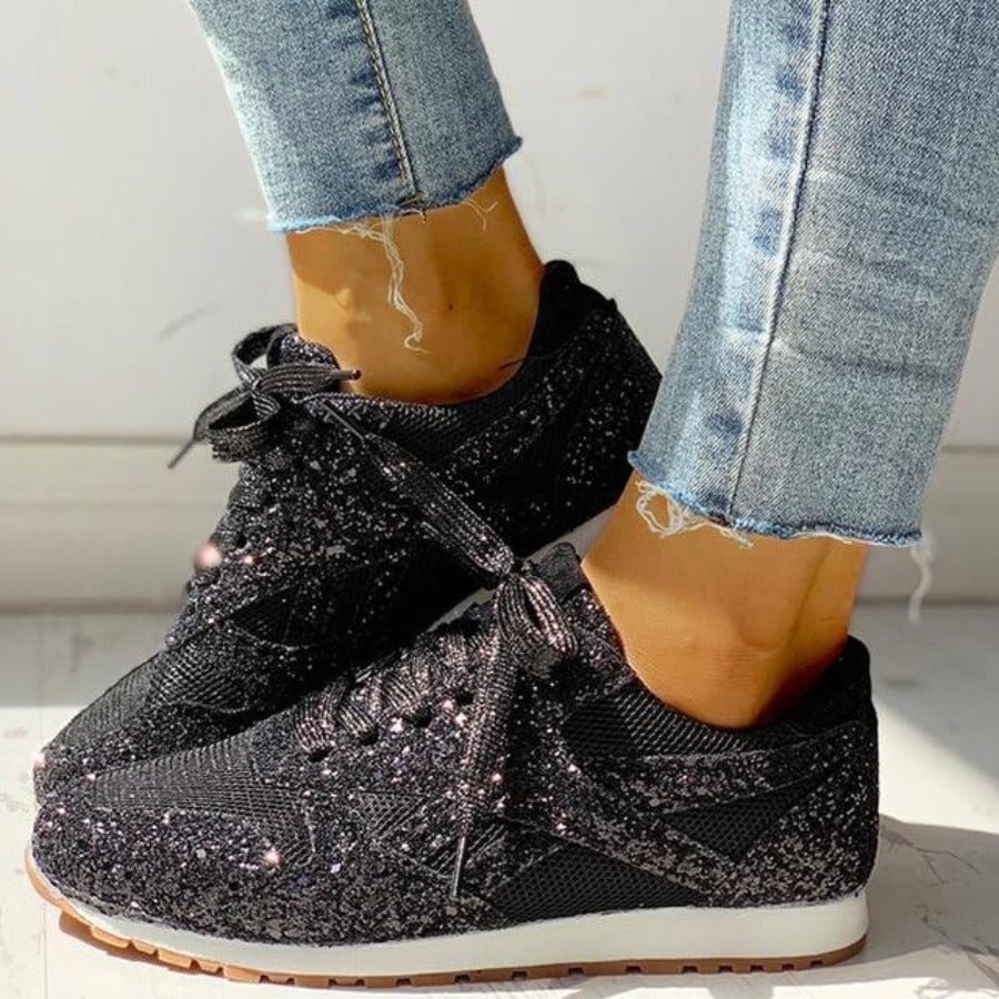 Glitter Mesh Lace Up Platform Comfort Vulcanized Sneakers - Easy Pickins Store