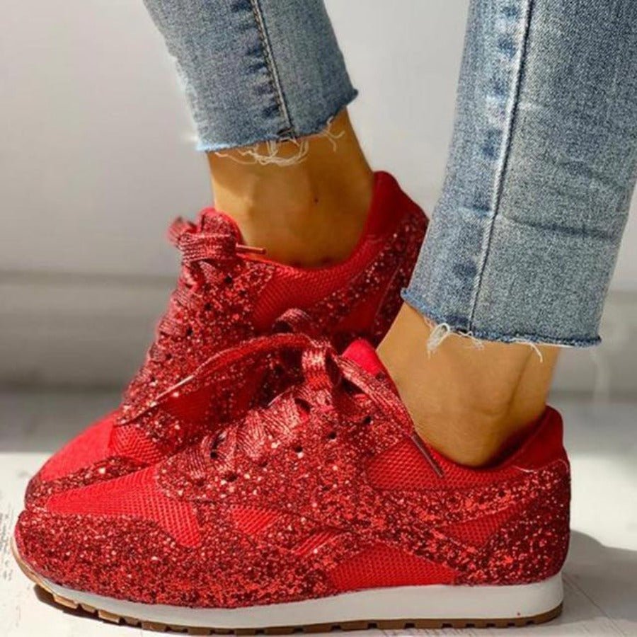 Glitter Mesh Lace Up Platform Comfort Vulcanized Sneakers - Easy Pickins Store