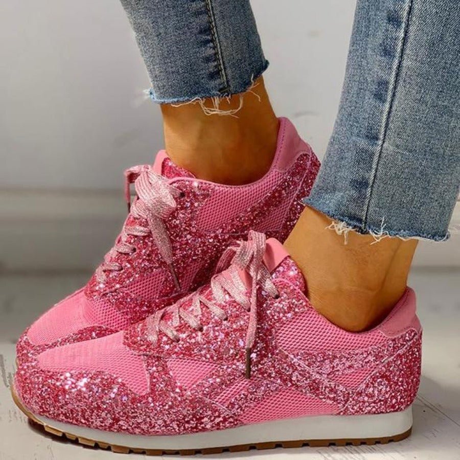 Glitter Mesh Lace Up Platform Comfort Vulcanized Sneakers - Easy Pickins Store
