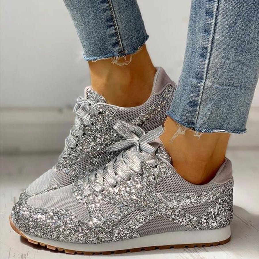 Glitter Mesh Lace Up Platform Comfort Vulcanized Sneakers - Easy Pickins Store