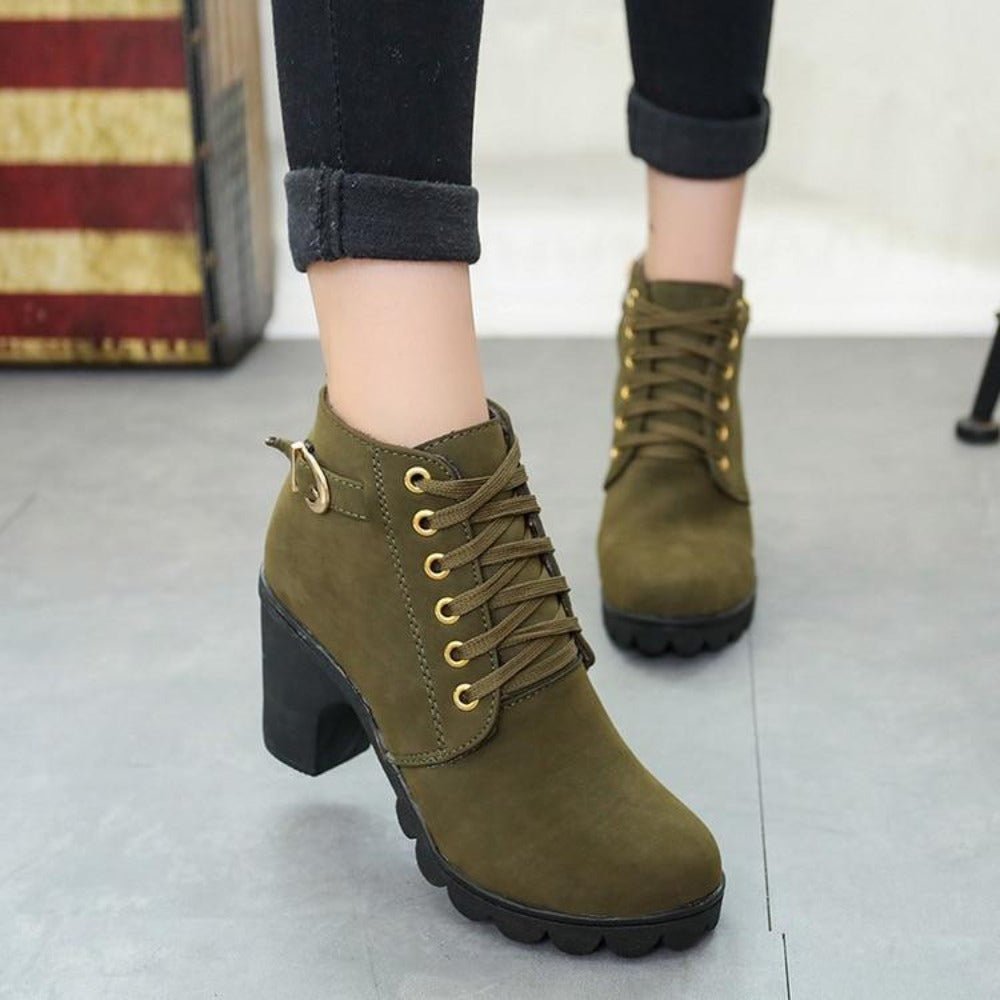 High Heel Lace Up Buckle Platform Leather Ankle Boots - Easy Pickins Store