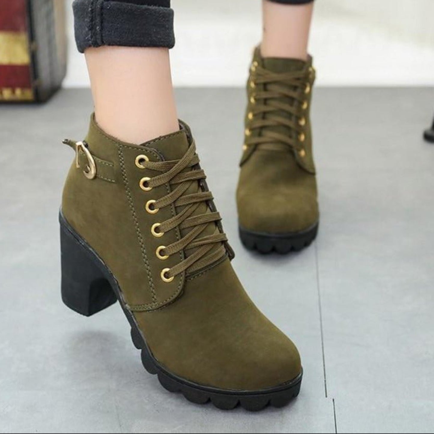 High Heel Lace Up Buckle Platform Leather Ankle Boots - Easy Pickins Store