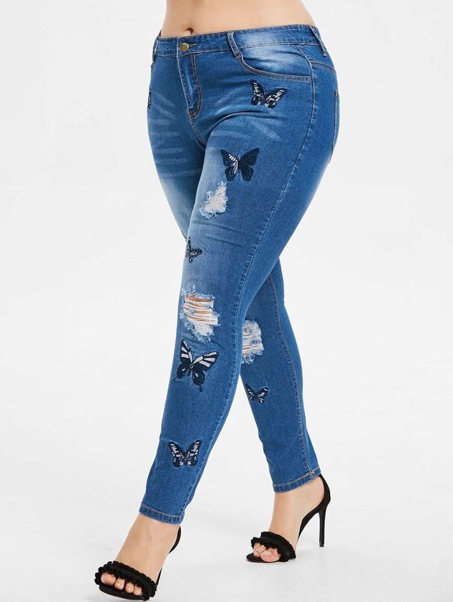 High Waist Hole Embroidery Printed Pockets Jeans - Easy Pickins Store